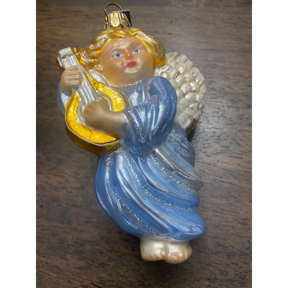 Hand Blown Glass Angel Ornament Playing Lute Blue Silver Glitter Made in Poland